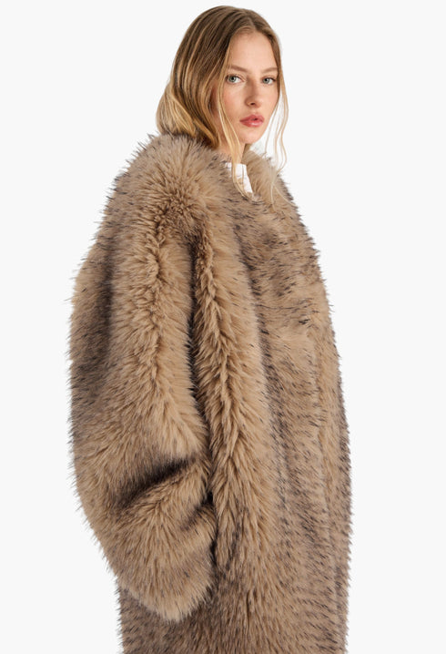 Rotate Faux Fur Long Coat - Nougat
